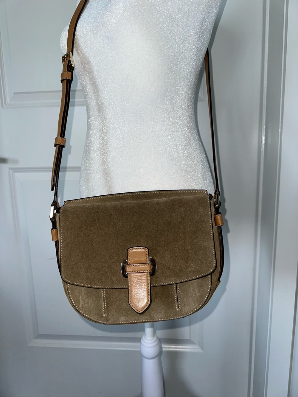 Michael Kors Romy Suede Messenger Crossbody Bag in Taupe with Tan Learher Trim